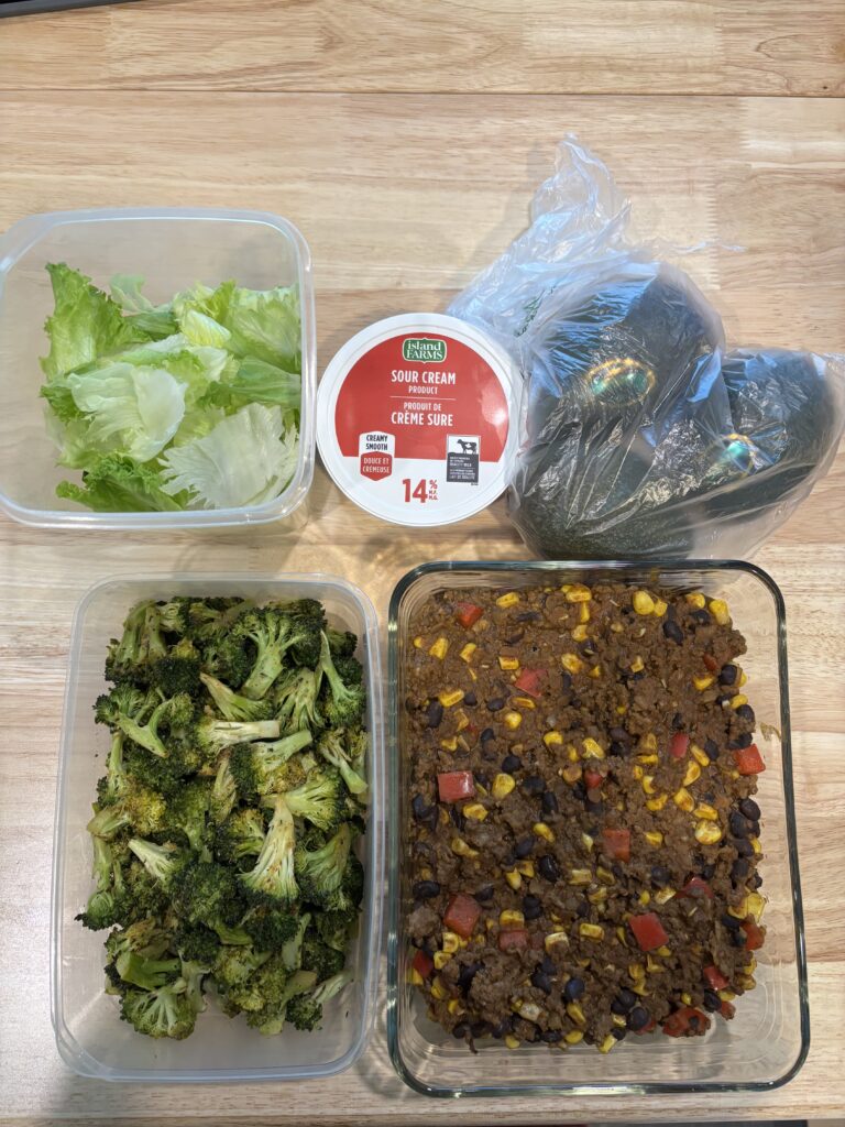 Picture of all aspects of burrito meal prep including lettuce, sour cream, avocados, the meat mixture, and roasted broccoli for the side. 